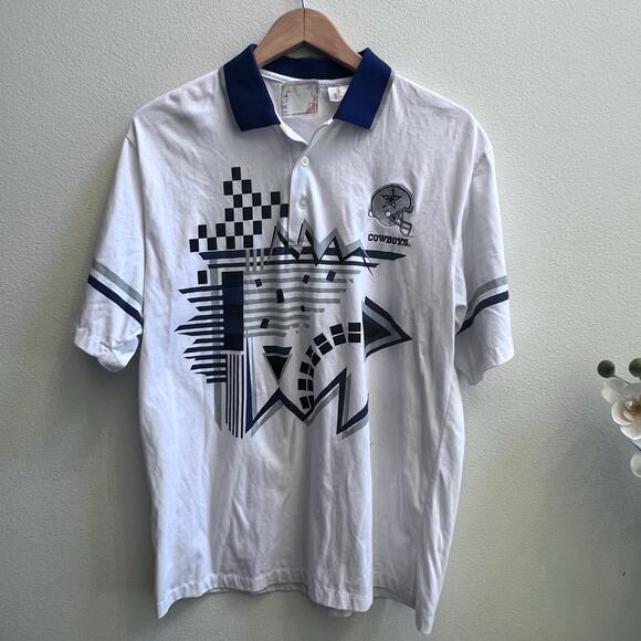 Vintage Cowboys Men's White Abstract Print Polo True Fan Short Sleeve Size M - Picture 1 of 6